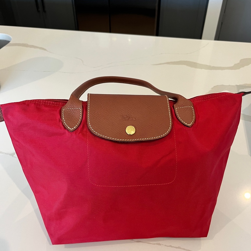 Longchamp Red and Brown Le Pliage Tote